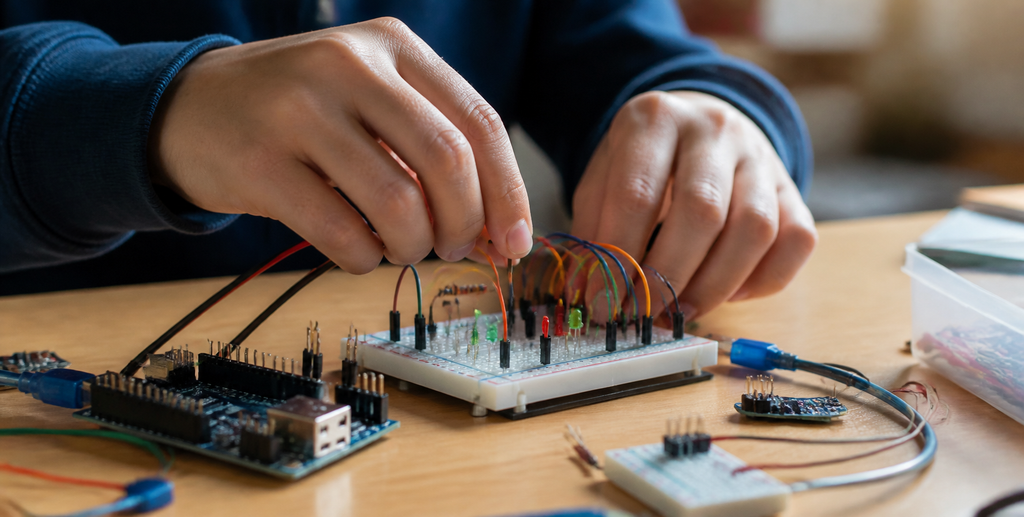Robótica na Educação: 7 Benefícios e Como Transformar o Aprendizado 2 Mãos de aluno montando circuito eletrônico com fios em placa de prototipagem