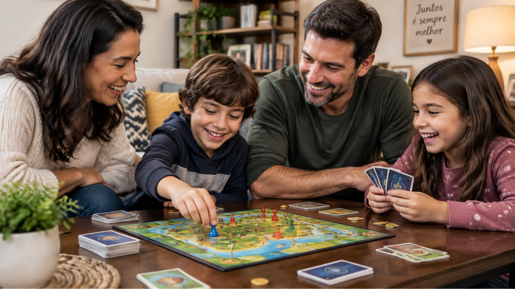 Como escolher jogos educativos para crianças: opções e dicas 1 Família interagindo feliz enquanto joga um jogo de tabuleiro educativo na sala de estar.