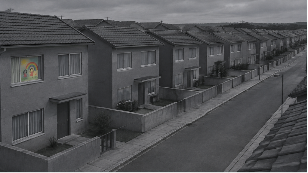 Plano de Vida: o que o Filme Ensina sobre a Infância, Propósito e a Pressão para Ser Igual! 1 visao das casas identicas e cinzentas do bairro da menina contrastando com um pequeno elemento colorido desenho